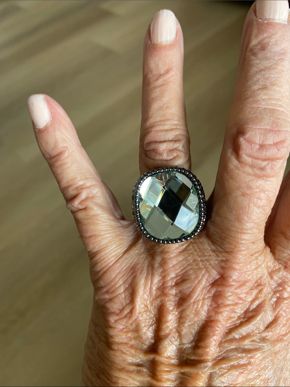 Statement Faceted Glass Cocktail Ring in Clear Silver Tone